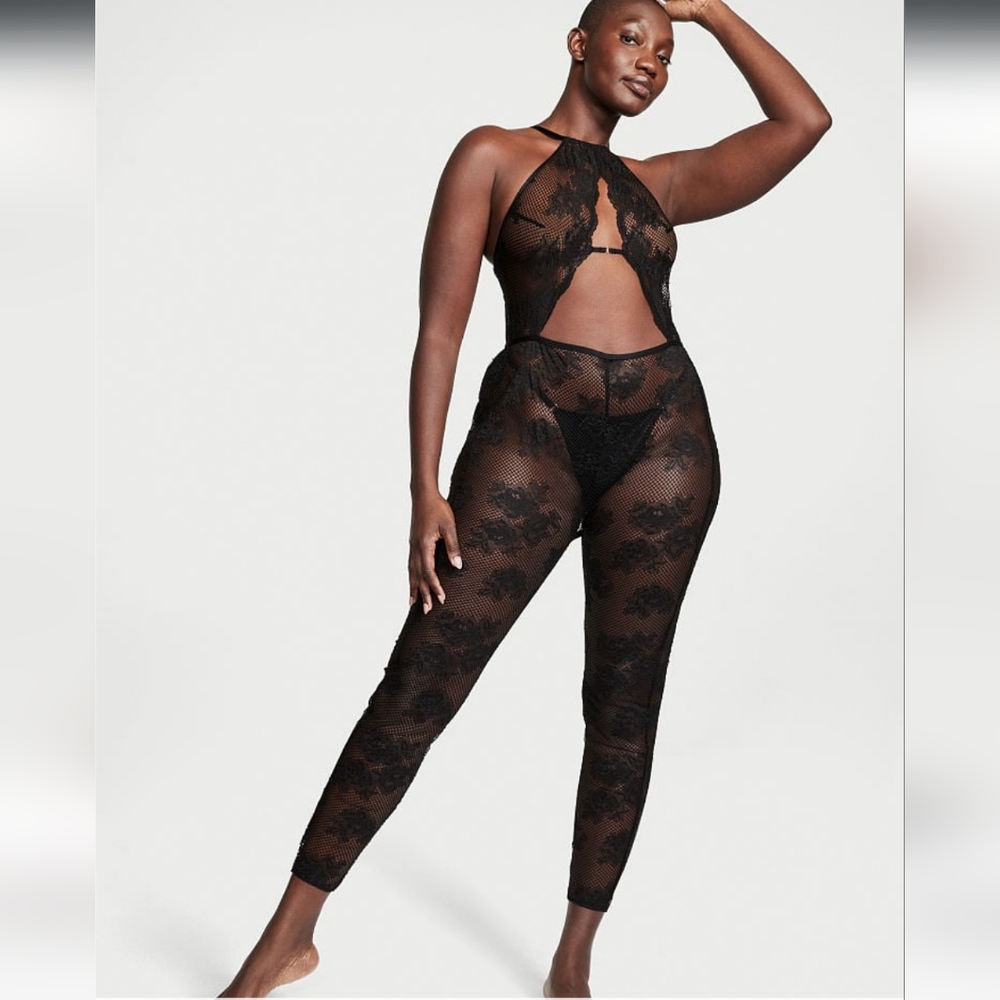 NWT VS VERY SEXY Black Fishnet Floral Crotchless Catsuit Bodysuit